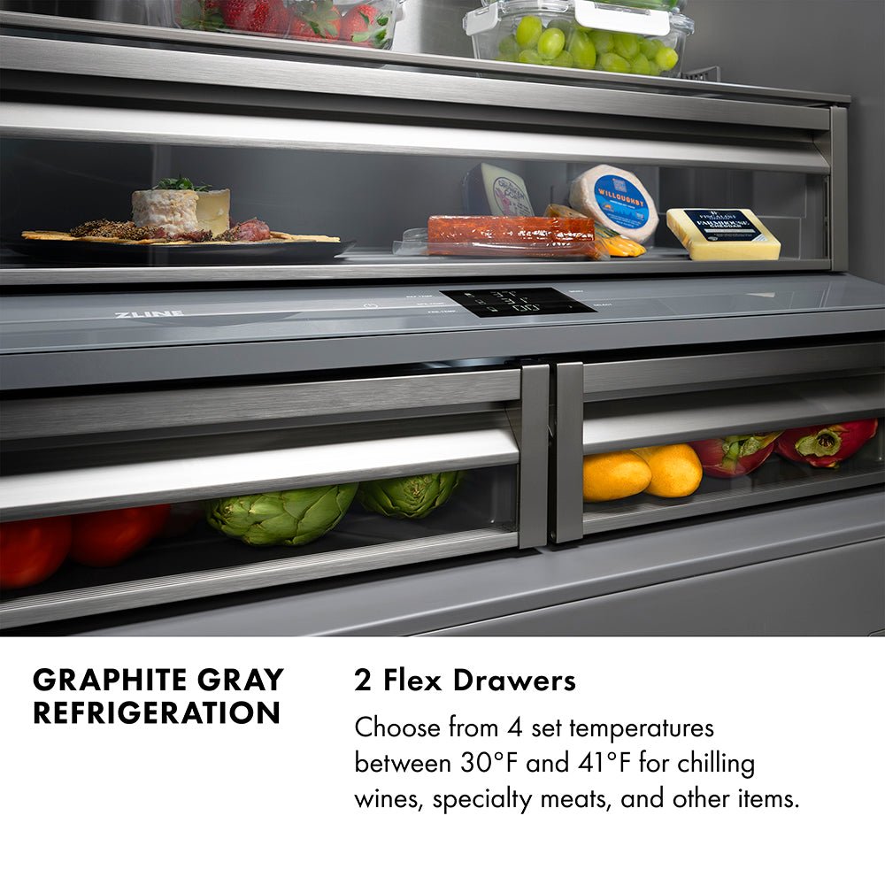 ZLINE Autograph Edition 36 in. 19.6 cu. ft. French Door Built-In Bottom Freezer Refrigerator with Water Dispenser and Ice Maker in Stainless Steel with Graphite Gray Interior and Polished Gold Helix Handles (GRBIVZ-30436KG)
