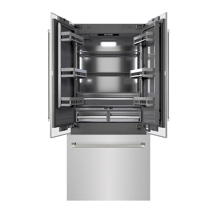 ZLINE Autograph Edition 36 in. 19.6 cu. ft. French Door Built-In Bottom Freezer Refrigerator with Water Dispenser and Ice Maker in Stainless Steel with Graphite Gray Interior and Polished Nickel Helix Handles (GRBIVZ-30436KPN)