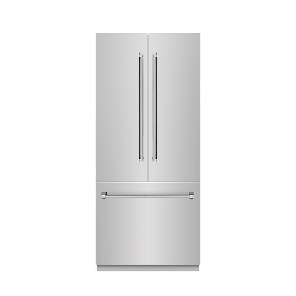 ZLINE Autograph Edition 36 in. 19.6 cu. ft. French Door Built-In Bottom Freezer Refrigerator with Water Dispenser and Ice Maker in Stainless Steel with Graphite Gray Interior and Polished Nickel Helix Handles (GRBIVZ-30436KPN)