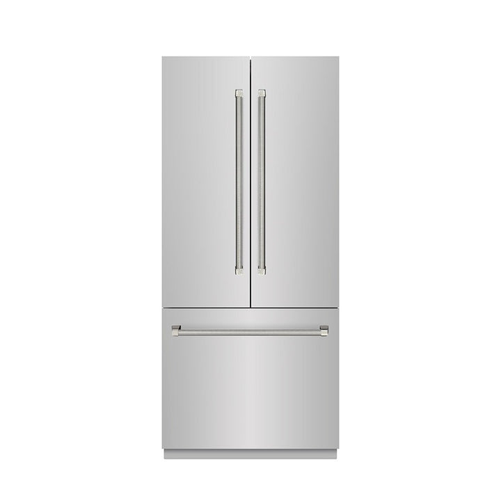 ZLINE Autograph Edition 36 in. 19.6 cu. ft. French Door Built-In Bottom Freezer Refrigerator with Water Dispenser and Ice Maker in Stainless Steel with Graphite Gray Interior and Polished Nickel Helix Handles (GRBIVZ-30436KPN)