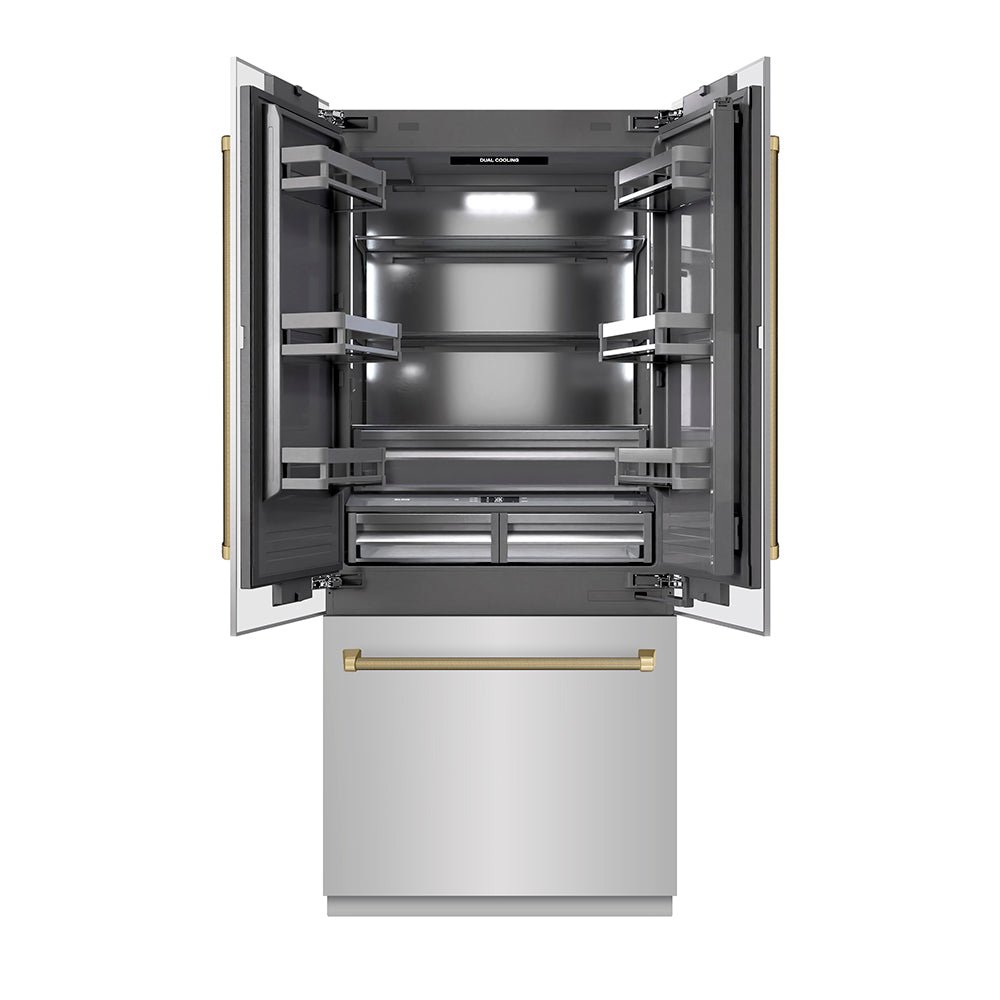 ZLINE Autograph Edition 36 in. 19.6 cu. ft. French Door Built-In Bottom Freezer Refrigerator with Water Dispenser and Ice Maker in Stainless Steel with Graphite Gray Interior and Champagne Bronze Helix Handles (GRBIVZ-30436KCB)