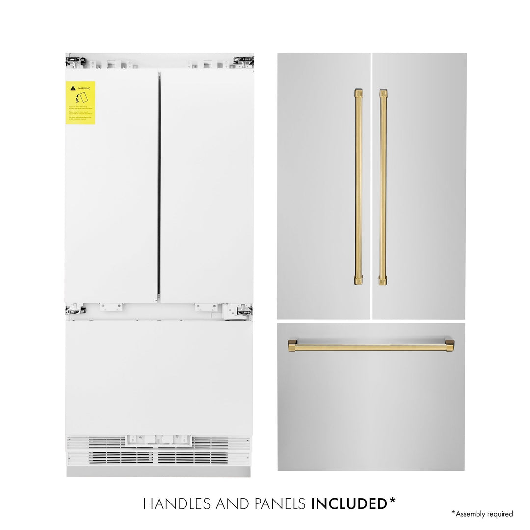 ZLINE Autograph Edition 36 in. 19.6 cu. ft. French Door Built-In Bottom Freezer Refrigerator with Water Dispenser and Ice Maker in Stainless Steel with Polished Gold Accents (RBIVZ-304-36-G)