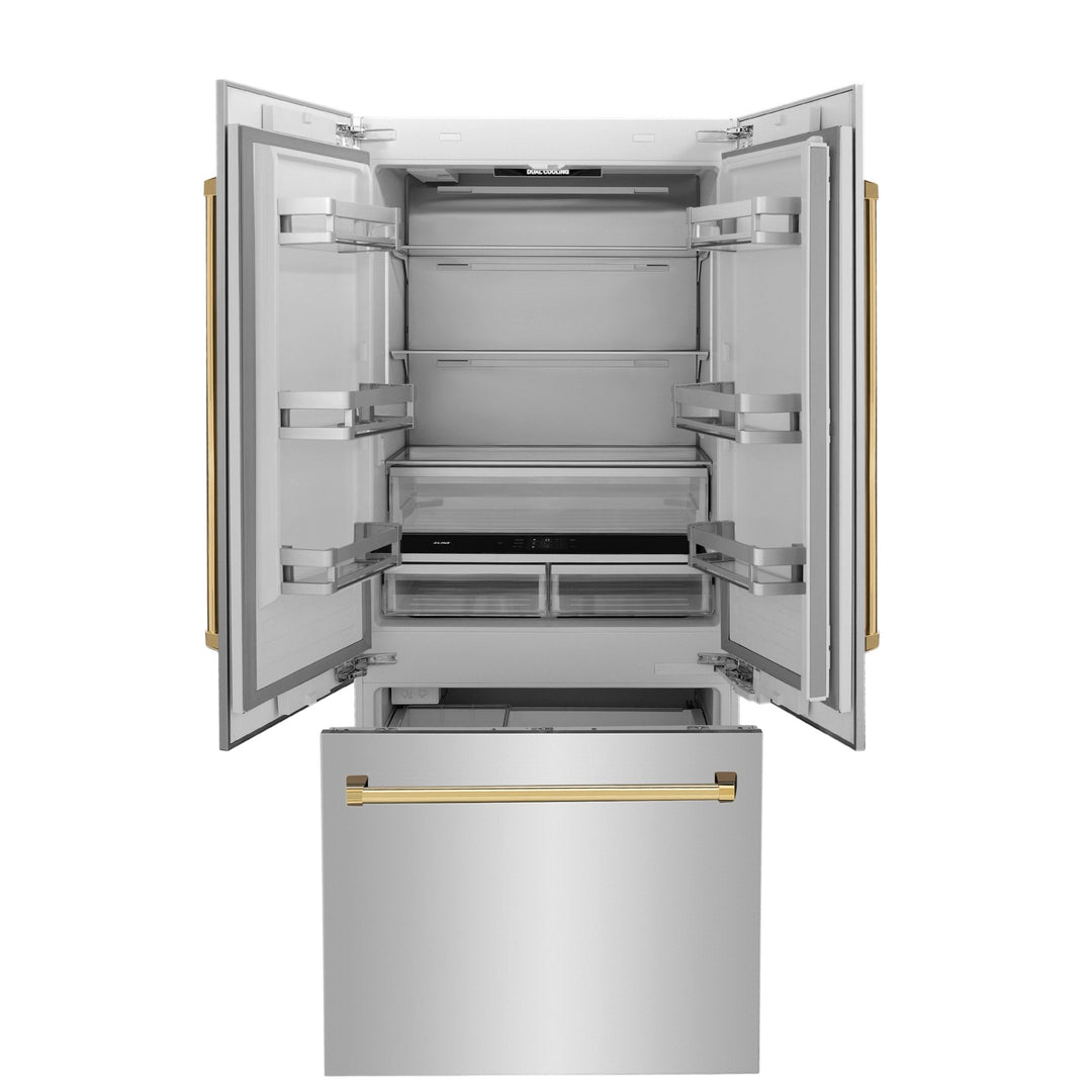 ZLINE Autograph Edition 36 in. 19.6 cu. ft. French Door Built-In Bottom Freezer Refrigerator with Water Dispenser and Ice Maker in Stainless Steel with Polished Gold Accents (RBIVZ-304-36-G)