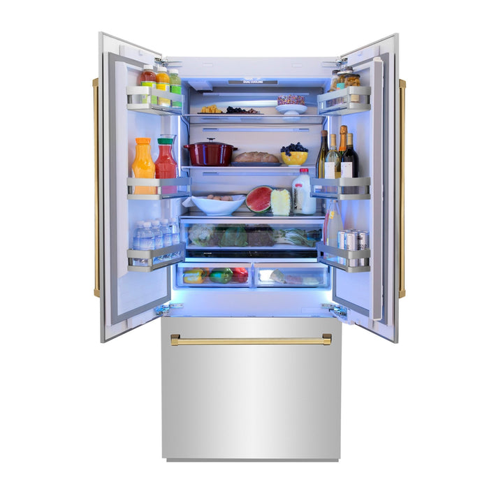 ZLINE Autograph Edition 36 in. 19.6 cu. ft. French Door Built-In Bottom Freezer Refrigerator with Water Dispenser and Ice Maker in Stainless Steel with Polished Gold Accents (RBIVZ-304-36-G)
