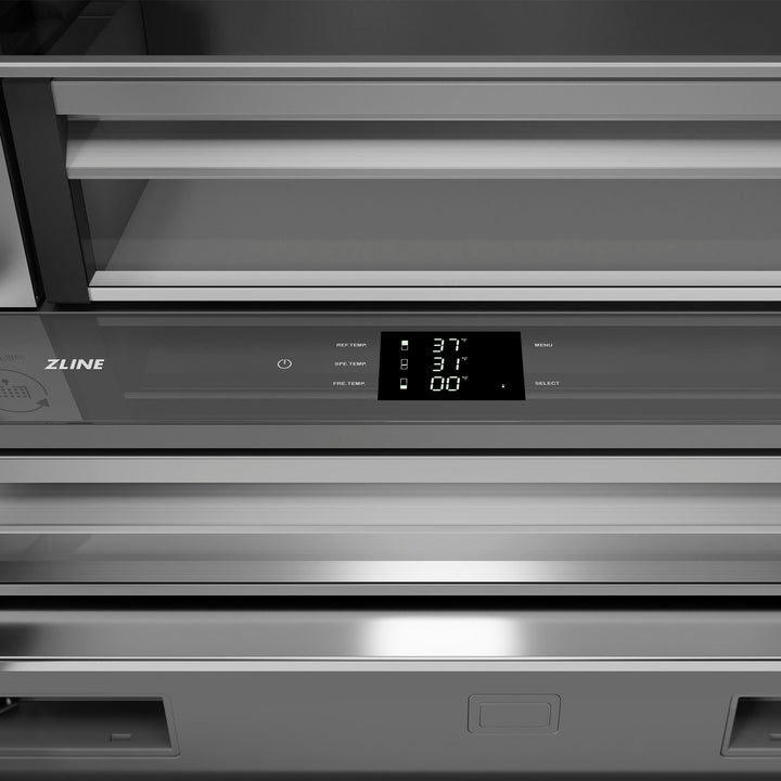 ZLINE Autograph Edition 36 in. 19.6 cu. ft. French Door Built-In Bottom Freezer Refrigerator with Water Dispenser and Ice Maker in Stainless Steel with Stainless Steel Interior and Champagne Bronze Helix Handles (SRBIVZ-30436KCB)