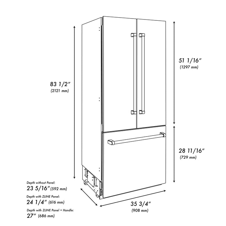 ZLINE Autograph Edition 36 in. 19.6 cu. ft. French Door Built-In Bottom Freezer Refrigerator with Water Dispenser and Ice Maker in Stainless Steel with Stainless Steel Interior and Champagne Bronze Helix Handles (SRBIVZ-30436KCB)