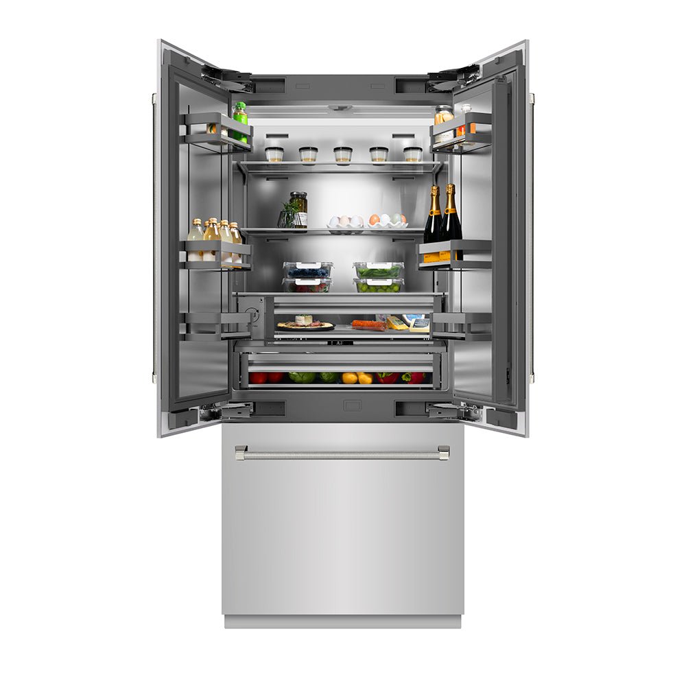 ZLINE Autograph Edition 36 in. 19.6 cu. ft. French Door Built-In Bottom Freezer Refrigerator with Water Dispenser and Ice Maker in Stainless Steel with Stainless Steel Interior and Polished Nickel Helix Handles (SRBIVZ-30436KPN)