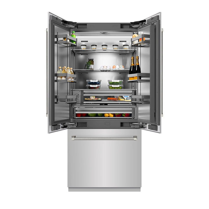 ZLINE Autograph Edition 36 in. 19.6 cu. ft. French Door Built-In Bottom Freezer Refrigerator with Water Dispenser and Ice Maker in Stainless Steel with Stainless Steel Interior and Polished Nickel Helix Handles (SRBIVZ-30436KPN)