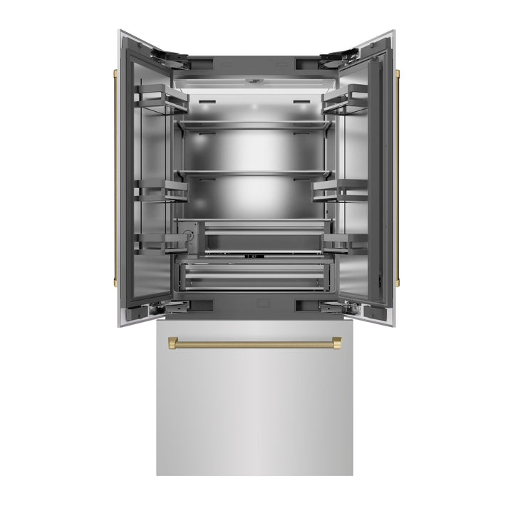 ZLINE Autograph Edition 36 in. 19.6 cu. ft. French Door Built-In Bottom Freezer Refrigerator with Water Dispenser and Ice Maker in Stainless Steel with Stainless Steel Interior and Champagne Bronze Helix Handles (SRBIVZ-30436KCB)
