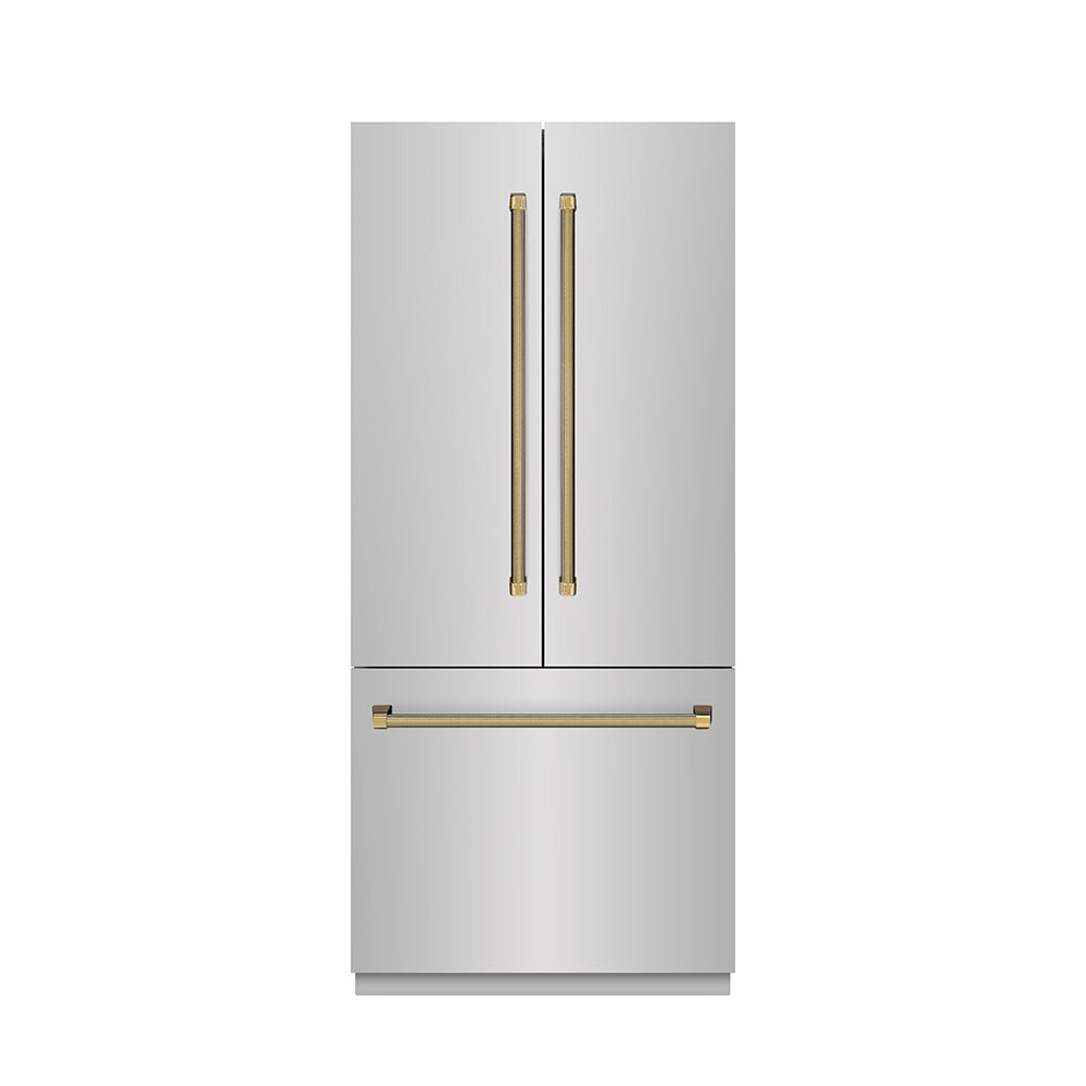 ZLINE Autograph Edition 36 in. 19.6 cu. ft. French Door Built-In Bottom Freezer Refrigerator with Water Dispenser and Ice Maker in Stainless Steel with Stainless Steel Interior and Polished Gold Helix Handles (SRBIVZ-30436KG)