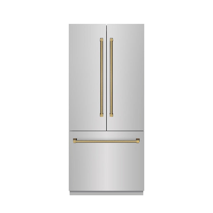 ZLINE Autograph Edition 36 in. 19.6 cu. ft. French Door Built-In Bottom Freezer Refrigerator with Water Dispenser and Ice Maker in Stainless Steel with Stainless Steel Interior and Polished Gold Helix Handles (SRBIVZ-30436KG)