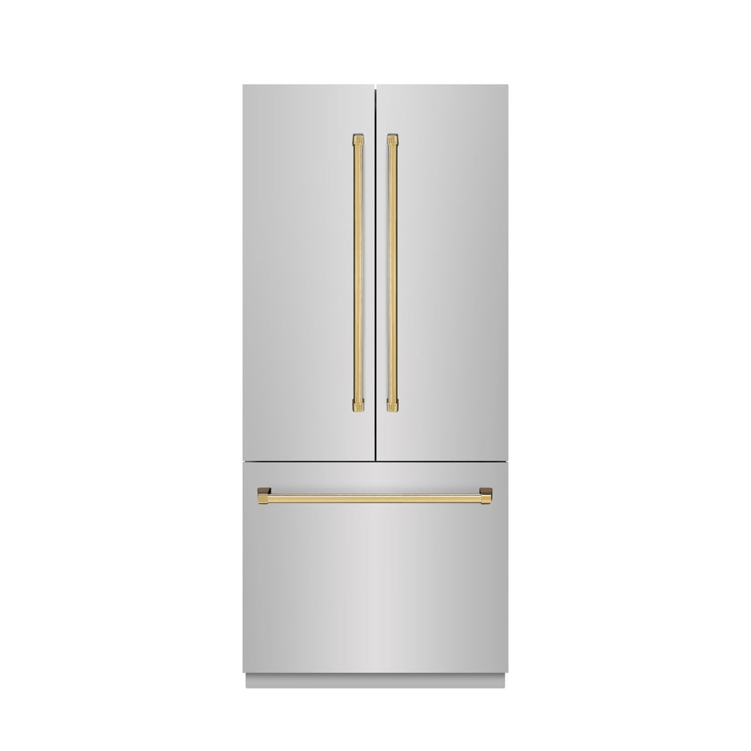ZLINE Autograph Edition 36 in. 19.6 cu. ft. French Door Built-In Bottom Freezer Refrigerator with Water Dispenser and Ice Maker in Stainless Steel with Stainless Steel Interior and Polished Gold Accents (SRBIVZ-304-36G)