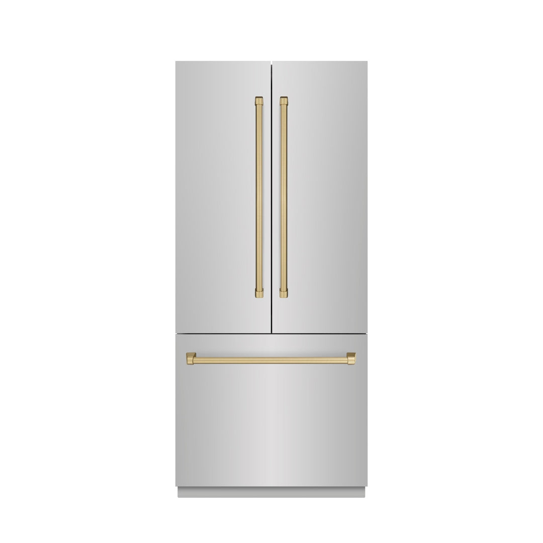 ZLINE Autograph Edition 36 in. 19.6 cu. ft. French Door Built-In Bottom Freezer Refrigerator with Water Dispenser and Ice Maker in Stainless Steel with Stainless Steel Interior and Champagne Bronze Accents (SRBIVZ-304-36CB)