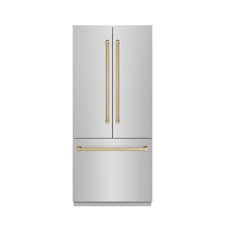 ZLINE Autograph Edition 36 in. 19.6 cu. ft. French Door Built-In Bottom Freezer Refrigerator with Water Dispenser and Ice Maker in Stainless Steel with Stainless Steel Interior and Champagne Bronze Accents (SRBIVZ-304-36CB)