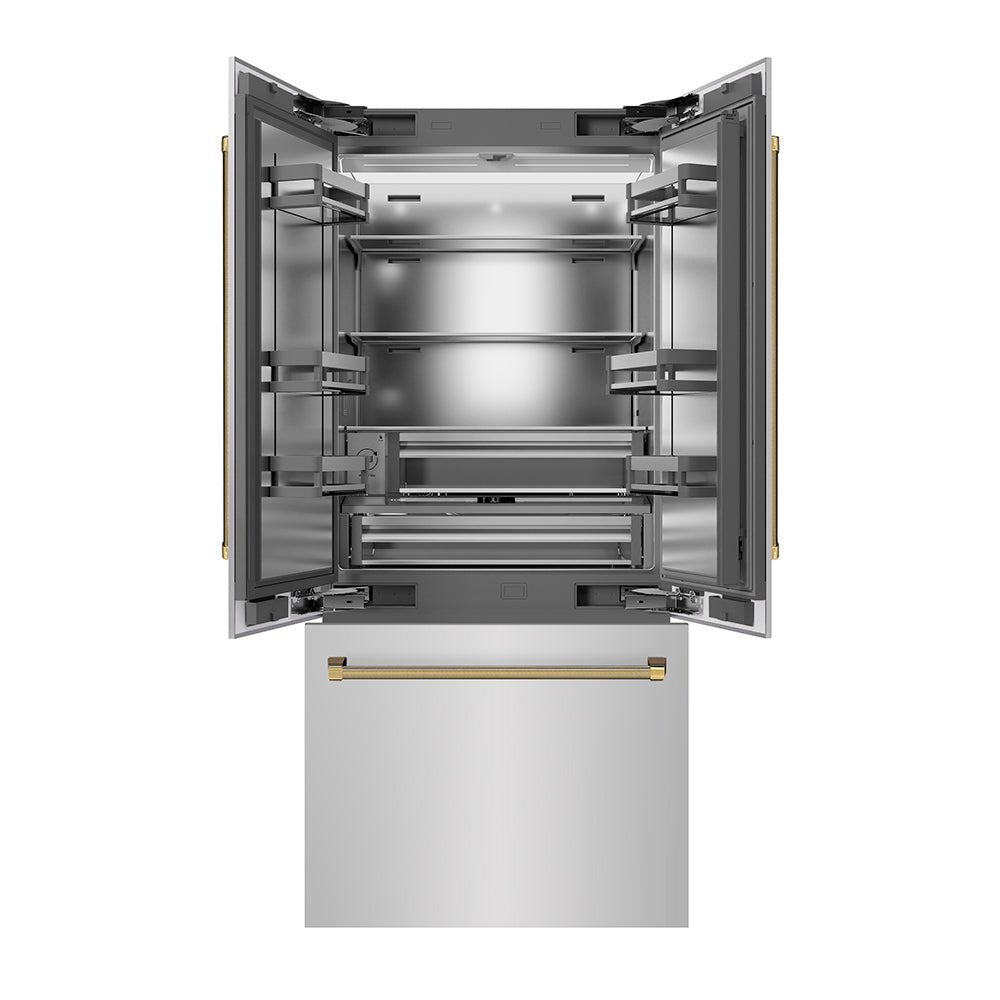 ZLINE Autograph Edition 36 in. 19.6 cu. ft. French Door Built-In Bottom Freezer Refrigerator with Water Dispenser and Ice Maker in Stainless Steel with Stainless Steel Interior and Polished Gold Helix Handles (SRBIVZ-30436KG)