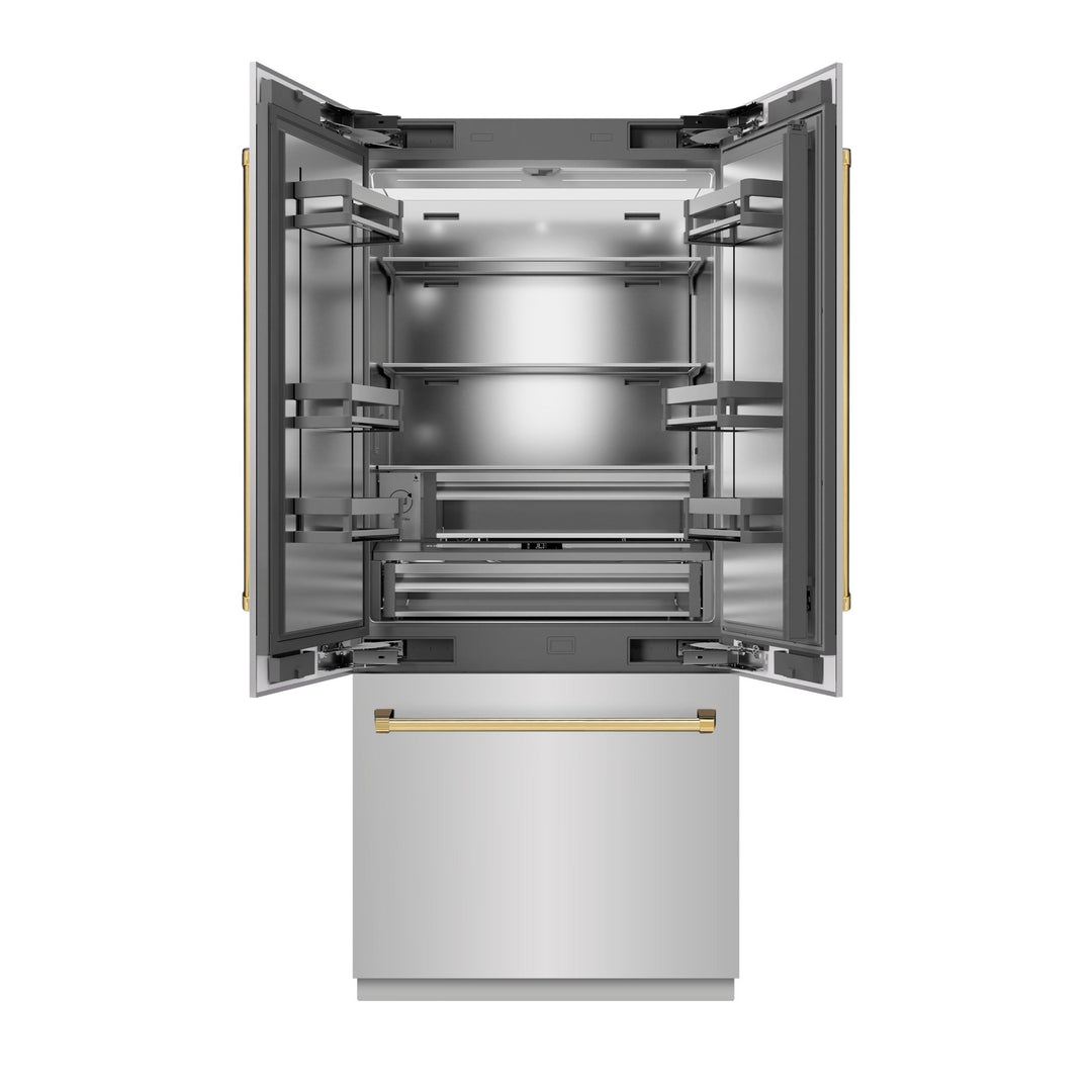 ZLINE Autograph Edition 36 in. 19.6 cu. ft. French Door Built-In Bottom Freezer Refrigerator with Water Dispenser and Ice Maker in Stainless Steel with Stainless Steel Interior and Polished Gold Accents (SRBIVZ-304-36G)
