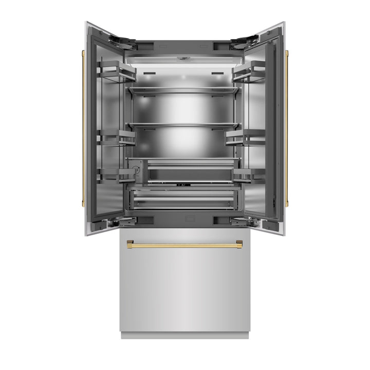 ZLINE Autograph Edition 36 in. 19.6 cu. ft. French Door Built-In Bottom Freezer Refrigerator with Water Dispenser and Ice Maker in Stainless Steel with Stainless Steel Interior and Polished Gold Accents (SRBIVZ-304-36G)
