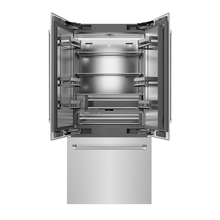 ZLINE Autograph Edition 36 in. 19.6 cu. ft. French Door Built-In Bottom Freezer Refrigerator with Water Dispenser and Ice Maker in Stainless Steel with Stainless Steel Interior and Polished Nickel Helix Handles (SRBIVZ-30436KPN)