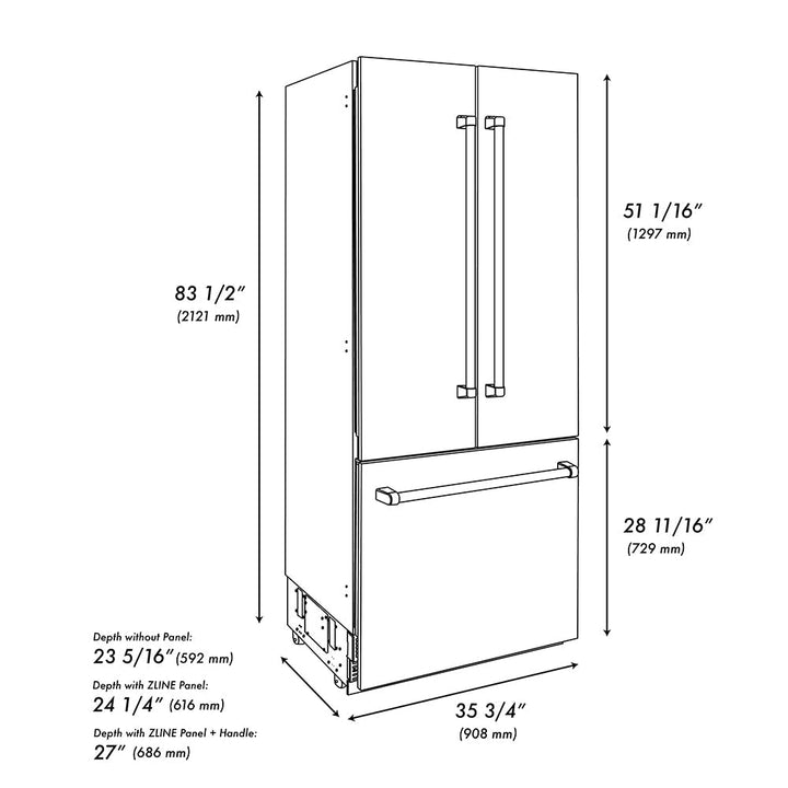 ZLINE Autograph Edition 36 in. 19.6 cu. ft. French Door Built-In Bottom Freezer Refrigerator with Water Dispenser and Ice Maker in Stainless Steel with Stainless Steel Interior and Polished Nickel Helix Handles (SRBIVZ-30436KPN)