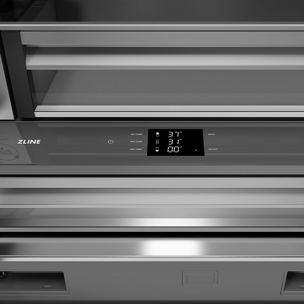 ZLINE Autograph Edition 36 in. 19.6 cu. ft. French Door Built-In Bottom Freezer Refrigerator with Water Dispenser and Ice Maker in Stainless Steel with Stainless Steel Interior and Polished Gold Helix Handles (SRBIVZ-30436KG)