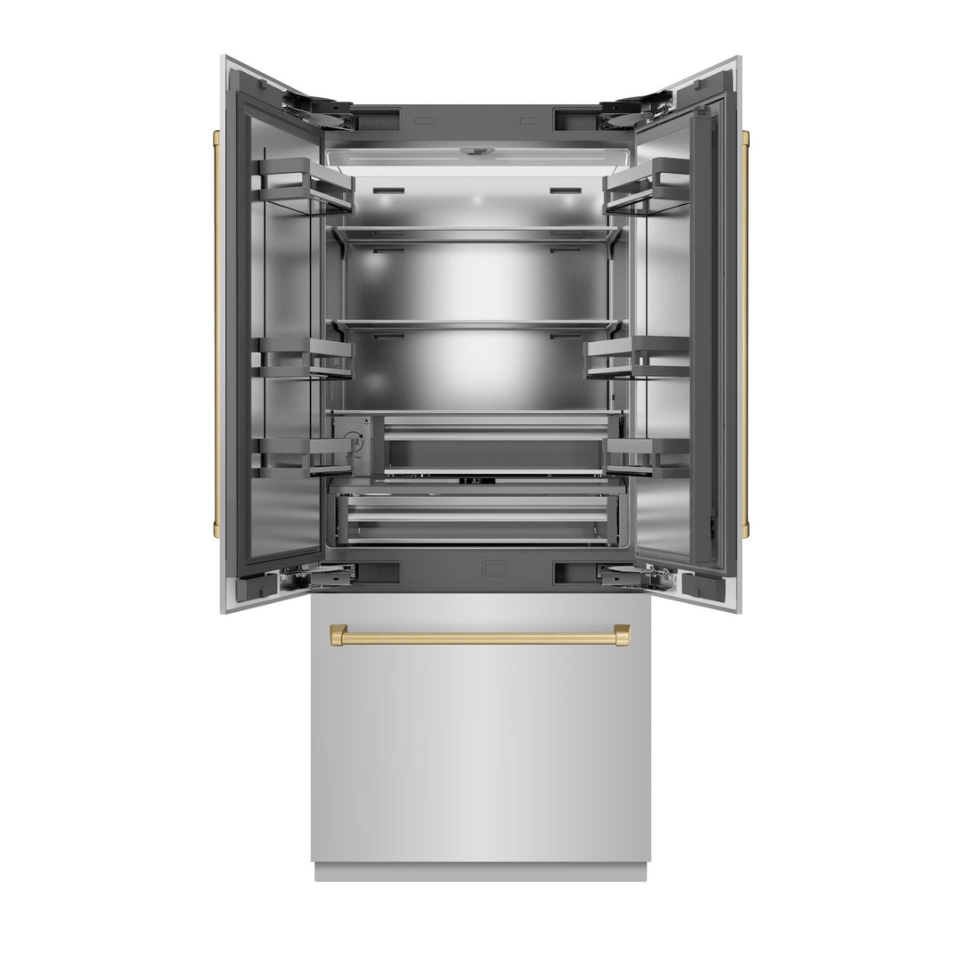 ZLINE Autograph Edition 36 in. 19.6 cu. ft. French Door Built-In Bottom Freezer Refrigerator with Water Dispenser and Ice Maker in Stainless Steel with Stainless Steel Interior and Champagne Bronze Accents (SRBIVZ-304-36CB)