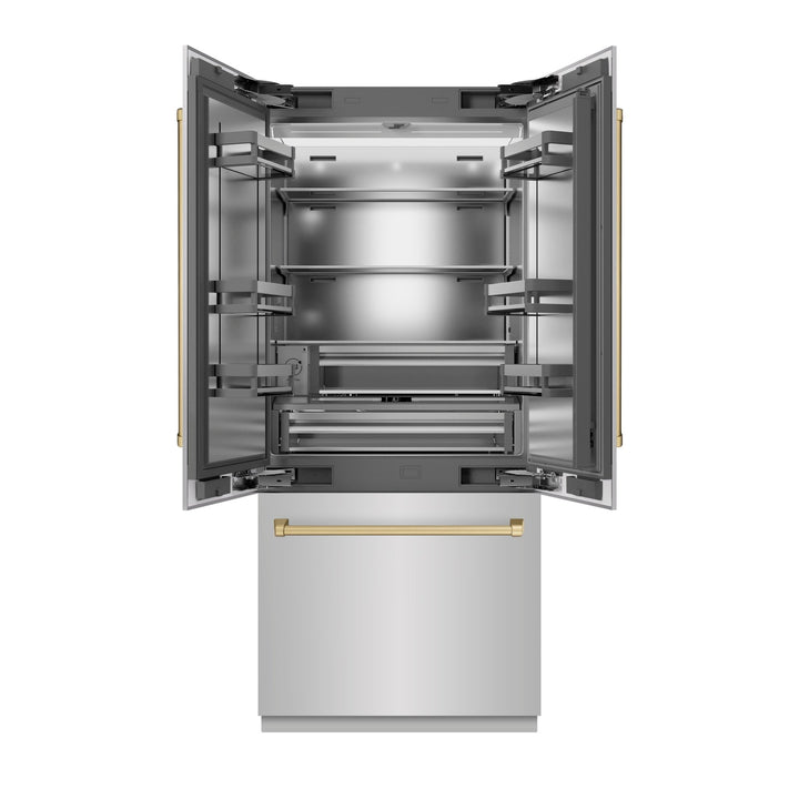 ZLINE Autograph Edition 36 in. 19.6 cu. ft. French Door Built-In Bottom Freezer Refrigerator with Water Dispenser and Ice Maker in Stainless Steel with Stainless Steel Interior and Champagne Bronze Accents (SRBIVZ-304-36CB)