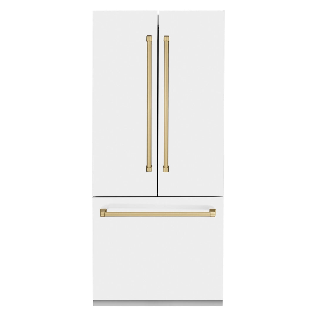 ZLINE Autograph Edition 36 in. 19.6 cu. ft. French Door Built-In Bottom Freezer Refrigerator with Water Dispenser and Ice Maker in White Matte with Champagne Bronze Accents (RBIVZ-WM-36-CB)