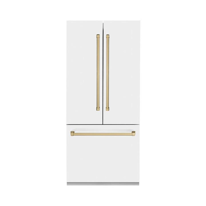 ZLINE Autograph Edition 36 in. 19.6 cu. ft. French Door Built-In Bottom Freezer Refrigerator with Water Dispenser and Ice Maker in White Matte with Champagne Bronze Accents (RBIVZ-WM-36-CB)