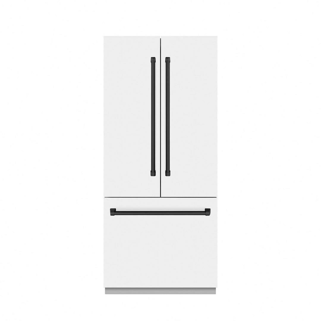 ZLINE Autograph Edition 36 in. 19.6 cu. ft. French Door Built-In Bottom Freezer Refrigerator with Water Dispenser and Ice Maker in White Matte with Graphite Gray Interior and Matte Black Accents (GRBIVZ-WM-36-MB)