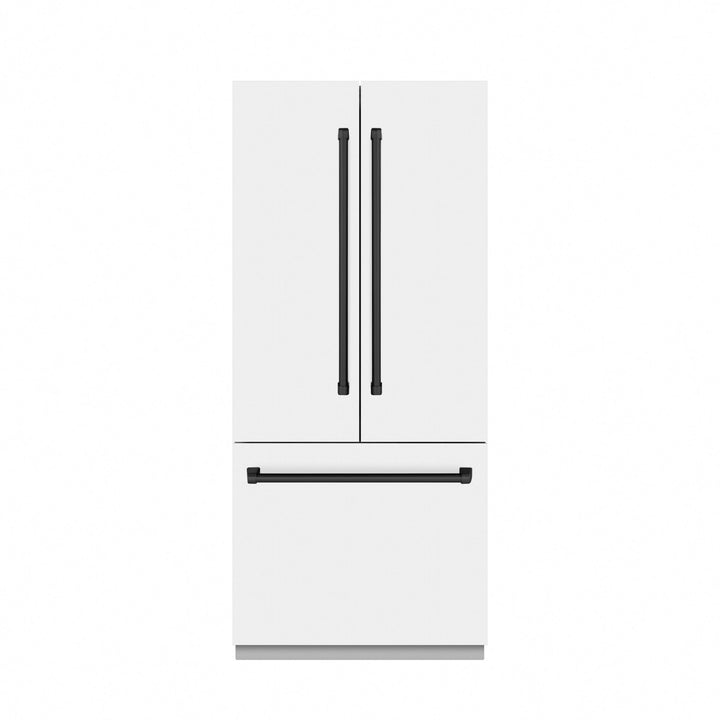 ZLINE Autograph Edition 36 in. 19.6 cu. ft. French Door Built-In Bottom Freezer Refrigerator with Water Dispenser and Ice Maker in White Matte with Graphite Gray Interior and Matte Black Accents (GRBIVZ-WM-36-MB)
