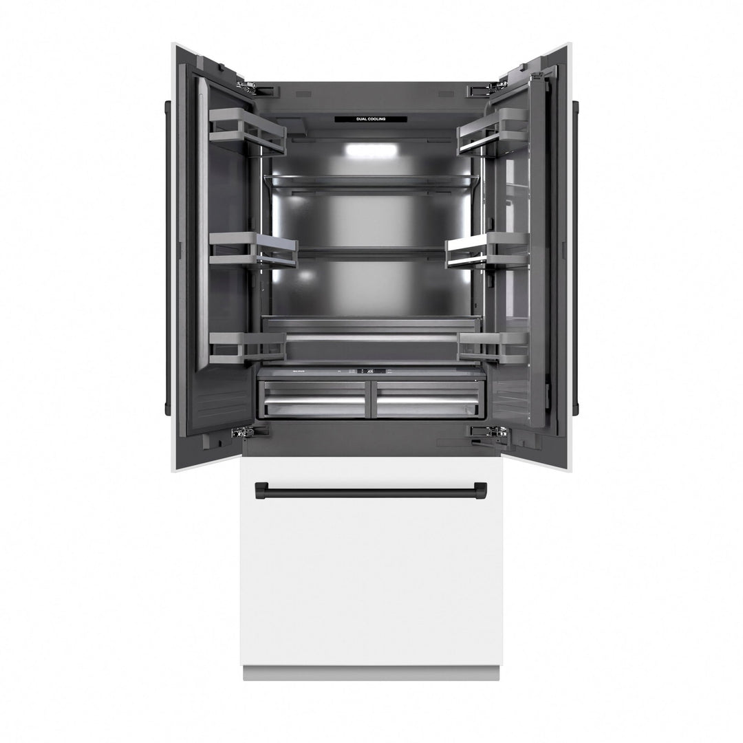 ZLINE Autograph Edition 36 in. 19.6 cu. ft. French Door Built-In Bottom Freezer Refrigerator with Water Dispenser and Ice Maker in White Matte with Graphite Gray Interior and Matte Black Accents (GRBIVZ-WM-36-MB)