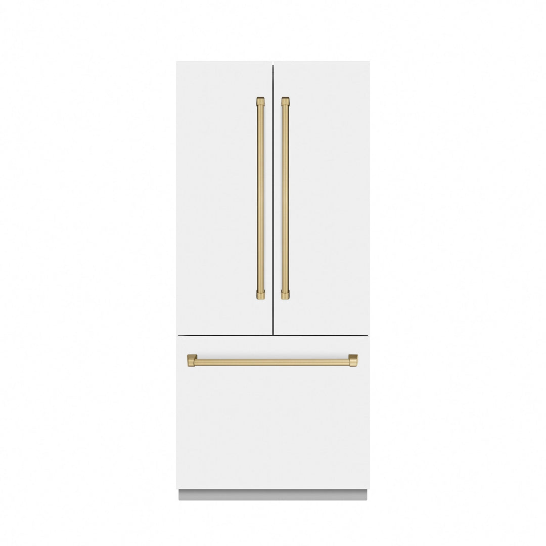 ZLINE Autograph Edition 36 in. 19.6 cu. ft. French Door Built-In Bottom Freezer Refrigerator with Water Dispenser and Ice Maker in White Matte with Graphite Gray Interior and Champagne Bronze Accents (GRBIVZ-WM-36-CB)