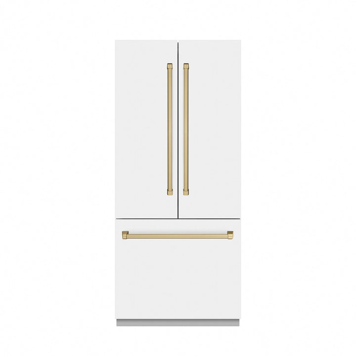 ZLINE Autograph Edition 36 in. 19.6 cu. ft. French Door Built-In Bottom Freezer Refrigerator with Water Dispenser and Ice Maker in White Matte with Graphite Gray Interior and Champagne Bronze Accents (GRBIVZ-WM-36-CB)