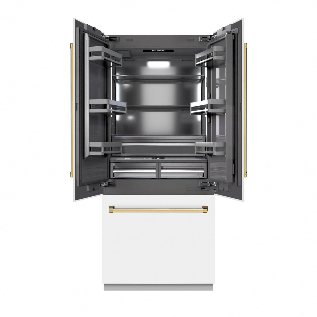 ZLINE Autograph Edition 36 in. 19.6 cu. ft. French Door Built-In Bottom Freezer Refrigerator with Water Dispenser and Ice Maker in White Matte with Graphite Gray Interior and Polished Gold Accents (GRBIVZ-WM-36-G)