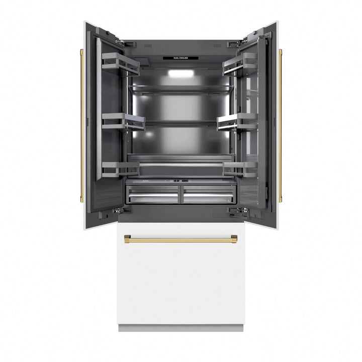 ZLINE Autograph Edition 36 in. 19.6 cu. ft. French Door Built-In Bottom Freezer Refrigerator with Water Dispenser and Ice Maker in White Matte with Graphite Gray Interior and Polished Gold Accents (GRBIVZ-WM-36-G)