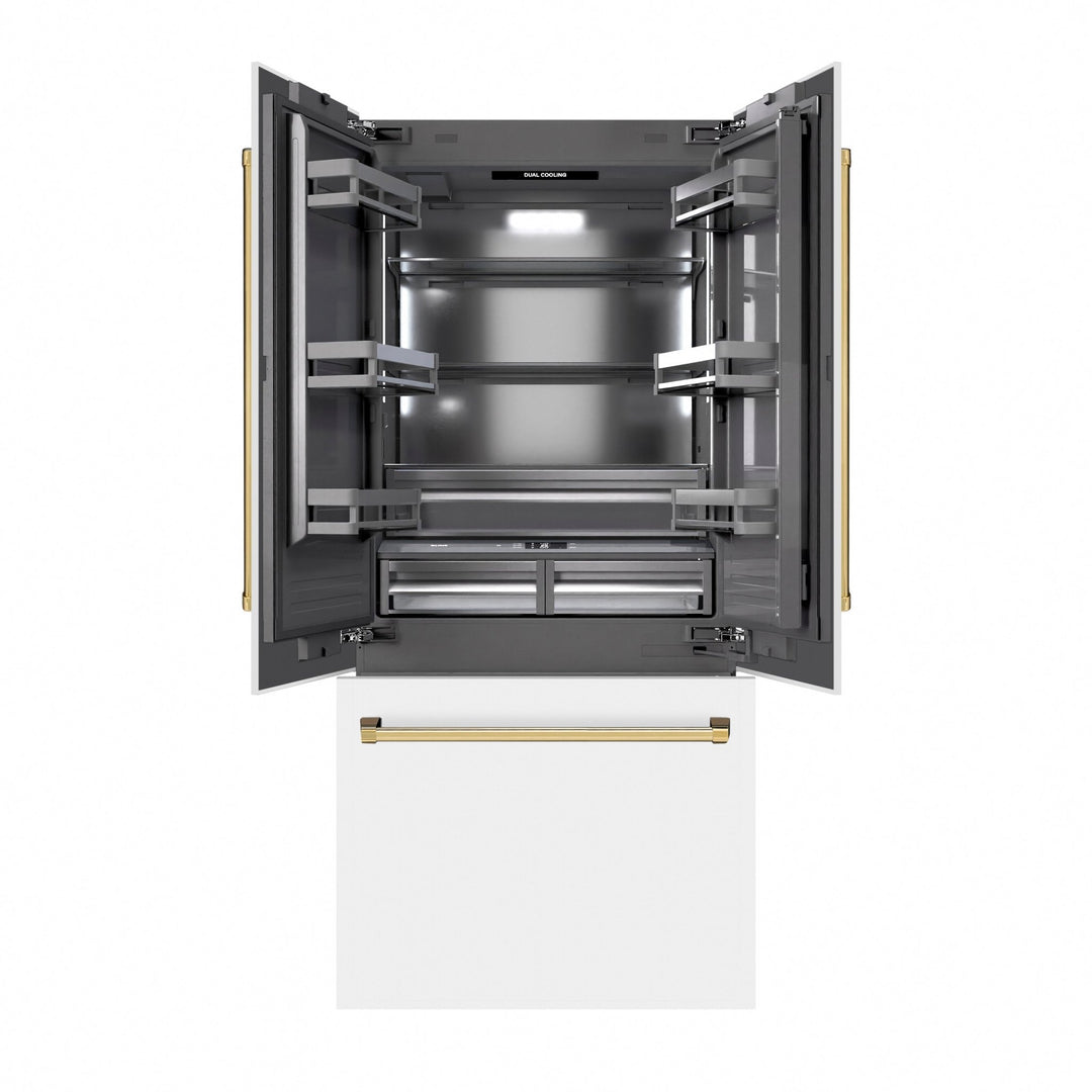 ZLINE Autograph Edition 36 in. 19.6 cu. ft. French Door Built-In Bottom Freezer Refrigerator with Water Dispenser and Ice Maker in White Matte with Graphite Gray Interior and Polished Gold Accents (GRBIVZ-WM-36-G)
