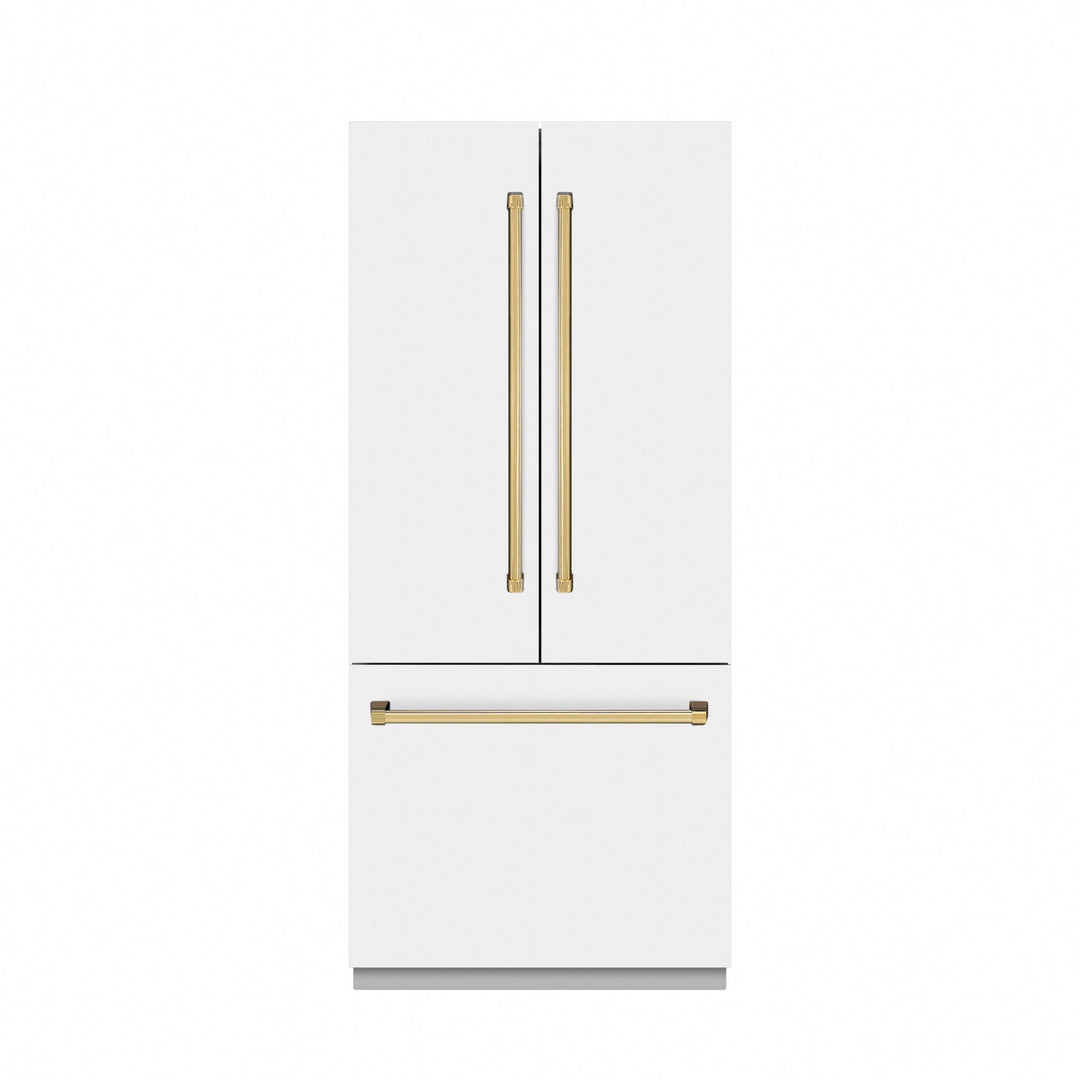 ZLINE Autograph Edition 36 in. 19.6 cu. ft. French Door Built-In Bottom Freezer Refrigerator with Water Dispenser and Ice Maker in White Matte with Graphite Gray Interior and Polished Gold Accents (GRBIVZ-WM-36-G)