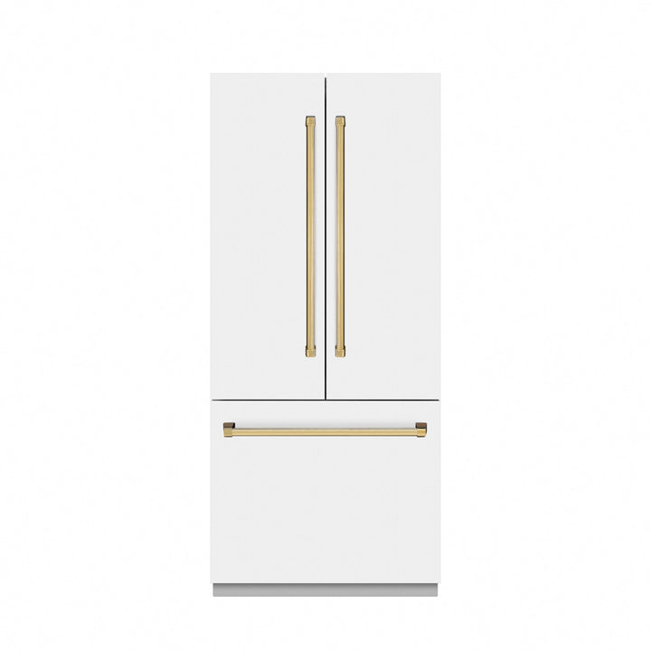 ZLINE Autograph Edition 36 in. 19.6 cu. ft. French Door Built-In Bottom Freezer Refrigerator with Water Dispenser and Ice Maker in White Matte with Graphite Gray Interior and Polished Gold Accents (GRBIVZ-WM-36-G)