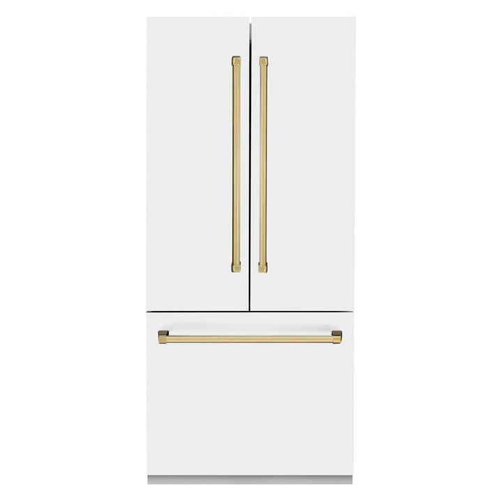 ZLINE Autograph Edition 36 in. 19.6 cu. ft. French Door Built-In Bottom Freezer Refrigerator with Water Dispenser and Ice Maker in White Matte with Polished Gold Accents (RBIVZ-WM-36-G)