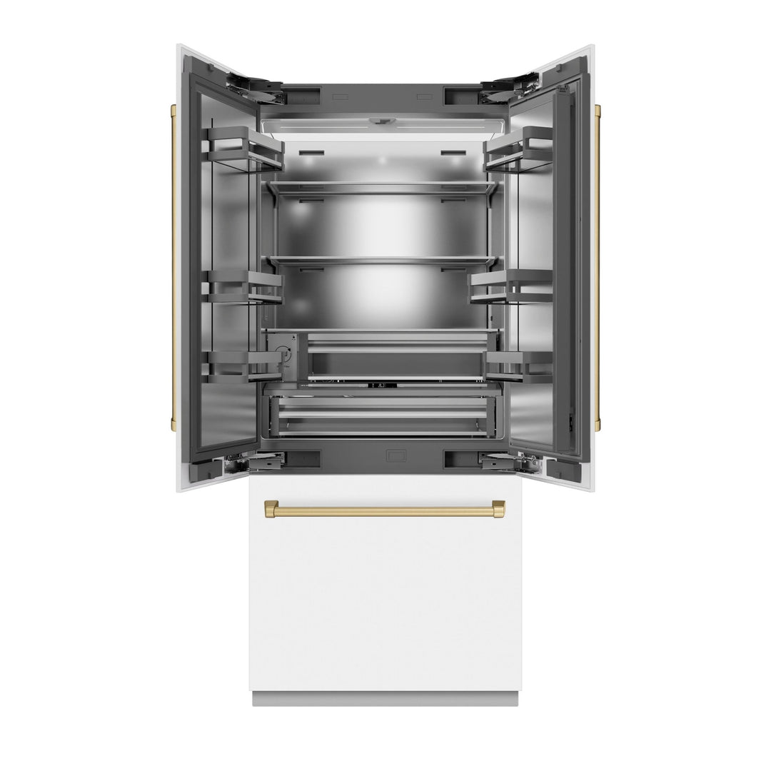 ZLINE Autograph Edition 36 in. 19.6 cu. ft. French Door Built-In Bottom Freezer Refrigerator with Water Dispenser and Ice Maker in White Matte with Stainless Steel Interior and Polished Gold Accents (SRBIVZ-WM-36-G)