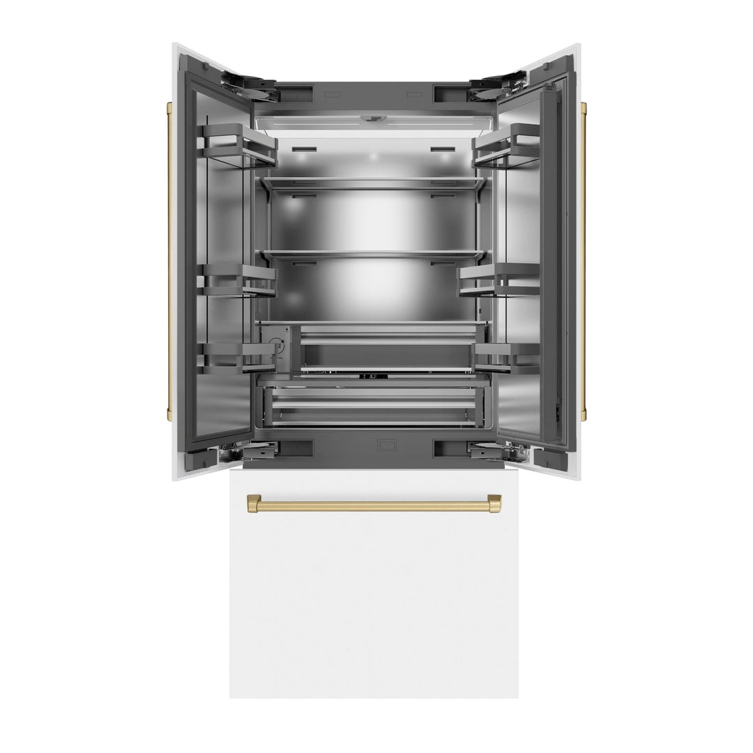 ZLINE Autograph Edition 36 in. 19.6 cu. ft. French Door Built-In Bottom Freezer Refrigerator with Water Dispenser and Ice Maker in White Matte with Stainless Steel Interior and Polished Gold Accents (SRBIVZ-WM-36-G)