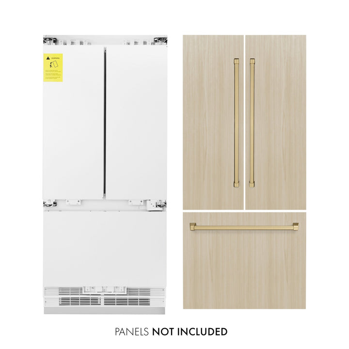 ZLINE Autograph Edition 36 in. 19.6 cu. ft. Panel Ready French Door Built-In Bottom Freezer Refrigerator with Water Dispenser and Ice Maker with Champagne Bronze Accents (RBIVZ-36-CB)