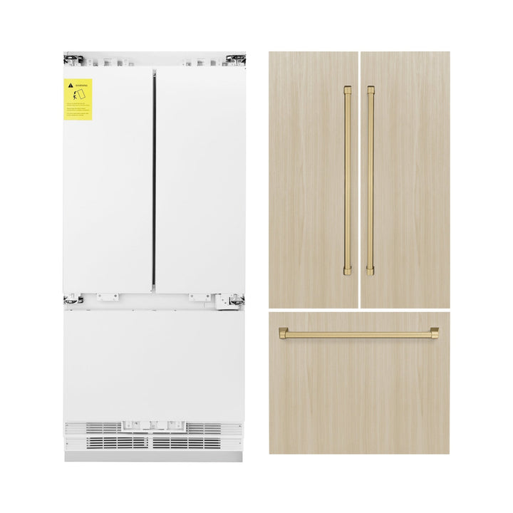 ZLINE Autograph Edition 36 in. 19.6 cu. ft. Panel Ready French Door Built-In Bottom Freezer Refrigerator with Water Dispenser and Ice Maker with Champagne Bronze Accents (RBIVZ-36-CB)
