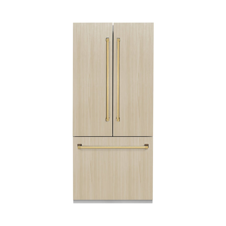 ZLINE Autograph Edition 36 in. 19.6 cu. ft. Panel Ready French Door Built-In Bottom Freezer Refrigerator with Water Dispenser and Ice Maker with Graphite Gray Interior and Polished Gold Accents (GRBIVZ-36-G)