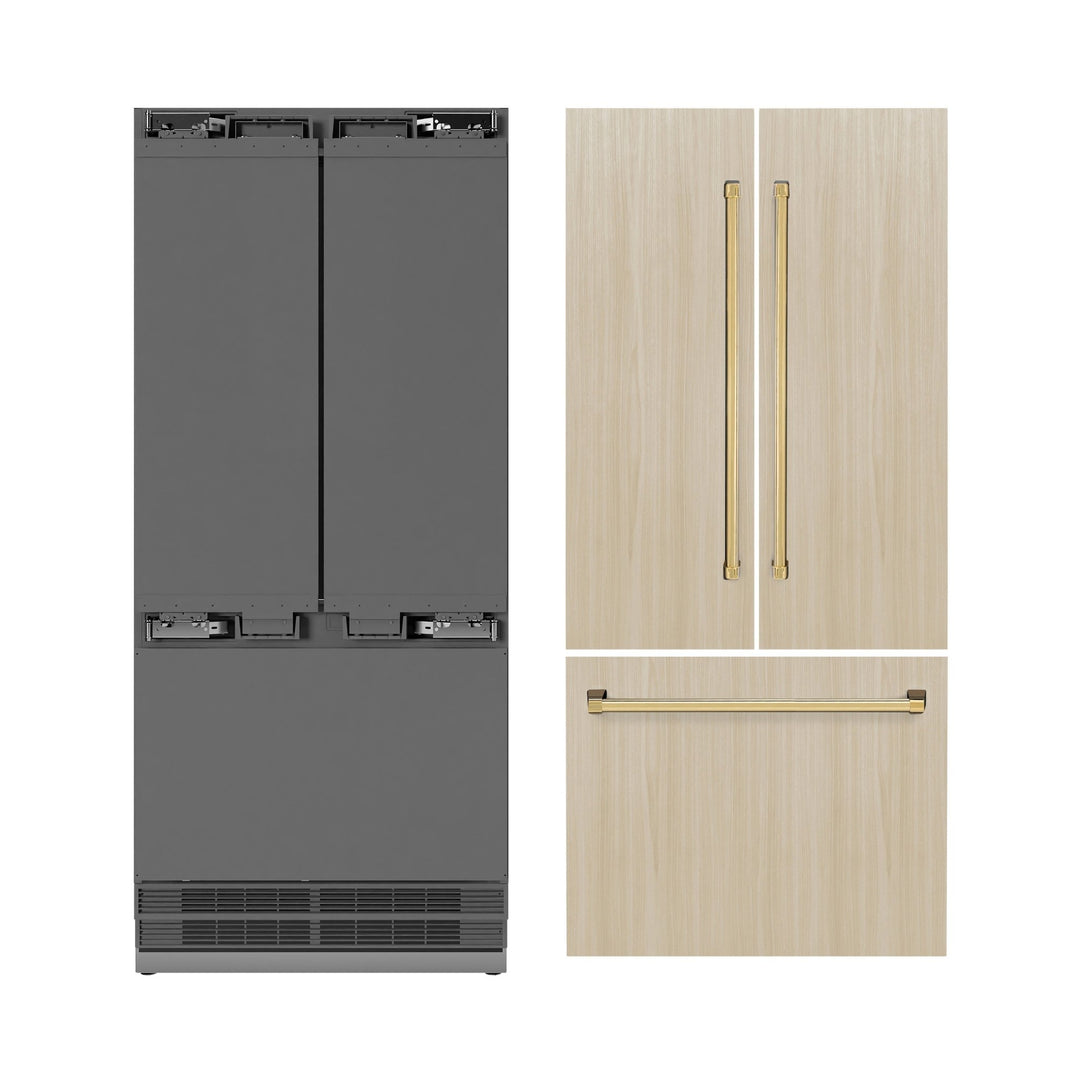 ZLINE Autograph Edition 36 in. 19.6 cu. ft. Panel Ready French Door Built-In Bottom Freezer Refrigerator with Water Dispenser and Ice Maker with Stainless Steel Interior and Polished Gold Accents (SRBIVZ-36-G)