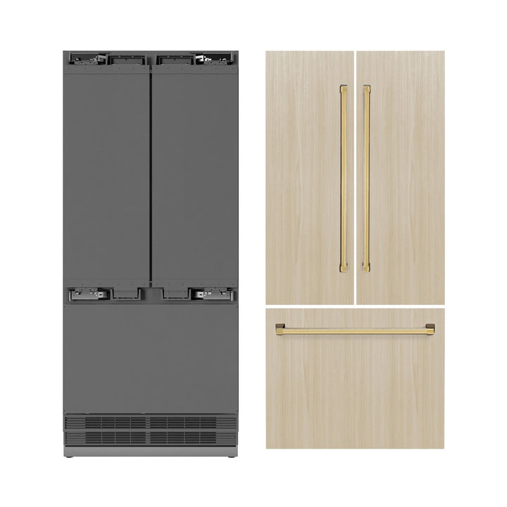 ZLINE Autograph Edition 36 in. 19.6 cu. ft. Panel Ready French Door Built-In Bottom Freezer Refrigerator with Water Dispenser and Ice Maker with Stainless Steel Interior and Polished Gold Accents (SRBIVZ-36-G)