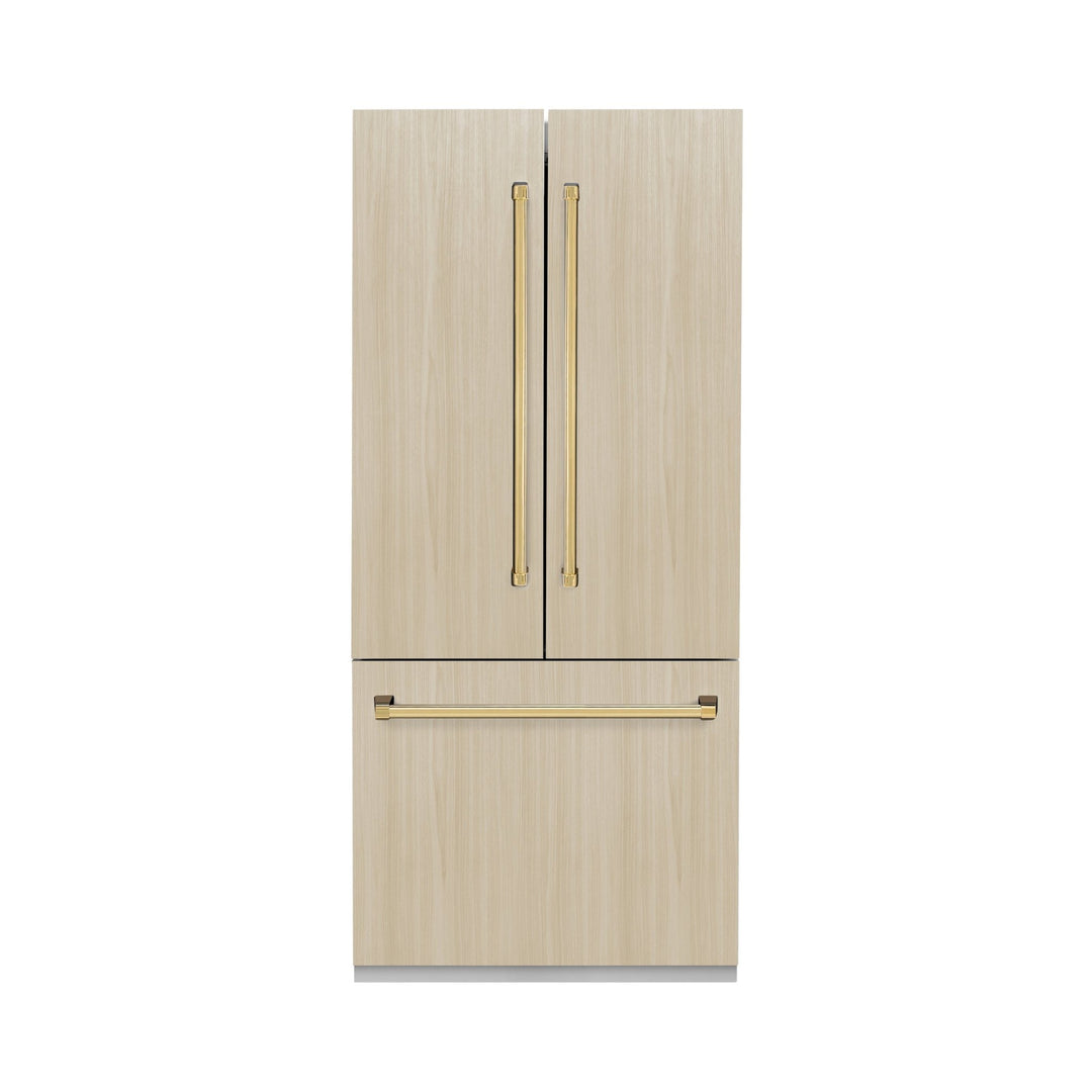 ZLINE Autograph Edition 36 in. 19.6 cu. ft. Panel Ready French Door Built-In Bottom Freezer Refrigerator with Water Dispenser and Ice Maker with Stainless Steel Interior and Polished Gold Accents (SRBIVZ-36-G)