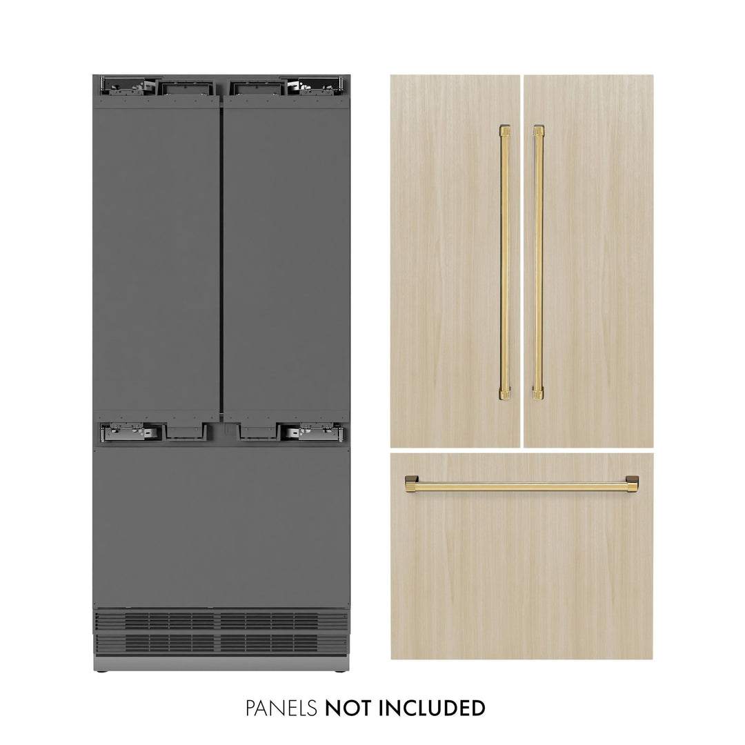ZLINE Autograph Edition 36 in. 19.6 cu. ft. Panel Ready French Door Built-In Bottom Freezer Refrigerator with Water Dispenser and Ice Maker with Stainless Steel Interior and Polished Gold Accents (SRBIVZ-36-G)