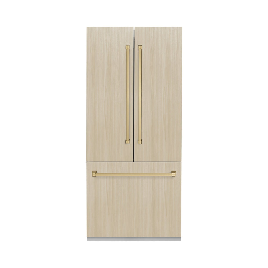 ZLINE Autograph Edition 36 in. 19.6 cu. ft. Panel Ready French Door Built-In Bottom Freezer Refrigerator with Water Dispenser and Ice Maker with Stainless Steel Interior and Champagne Bronze Accents (SRBIVZ-36-CB)