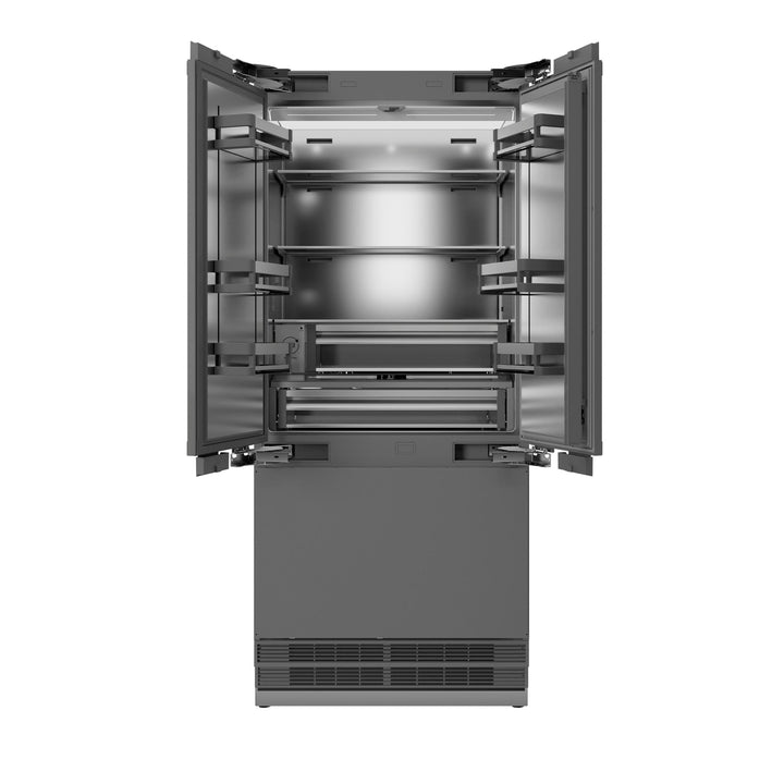 ZLINE Autograph Edition 36 in. 19.6 cu. ft. Panel Ready French Door Built-In Bottom Freezer Refrigerator with Water Dispenser and Ice Maker with Stainless Steel Interior and Polished Gold Accents (SRBIVZ-36-G)